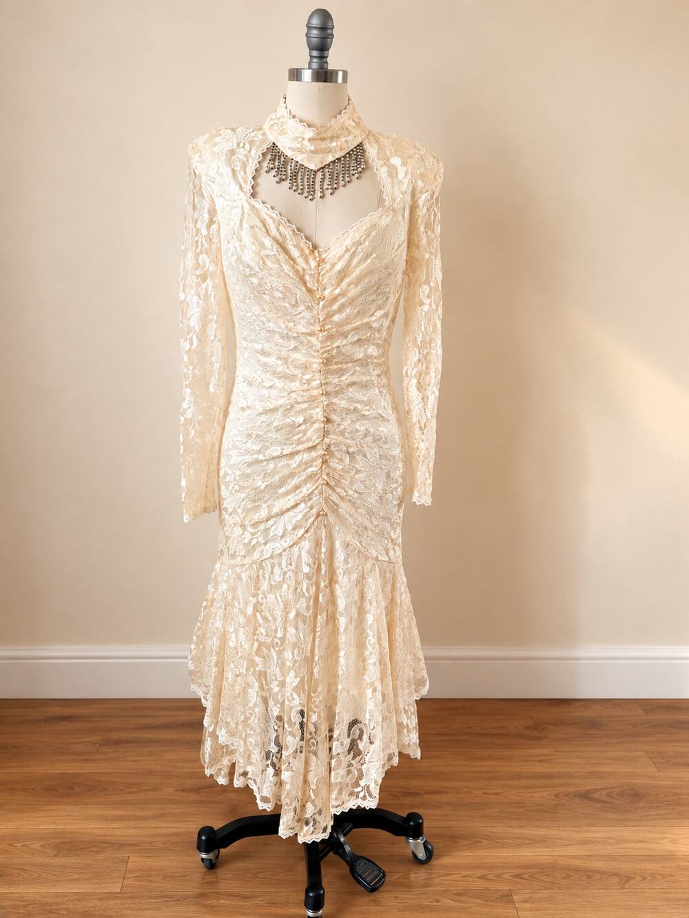 Vintage 1980s New Leaf Cream Lace Formal Dress Size S/M Ruched Pearl Fringe
